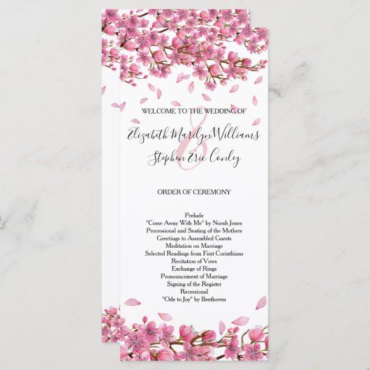Roze Cherry Blossom Wedding Programmakaart (Voorkant / Achterkant)