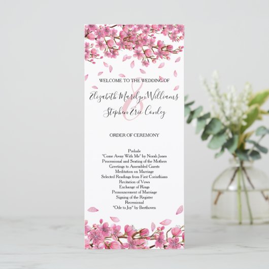 Roze Cherry Blossom Wedding Programmakaart (Staand voorkant)