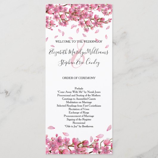 Roze Cherry Blossom Wedding Programmakaart (Voorkant)