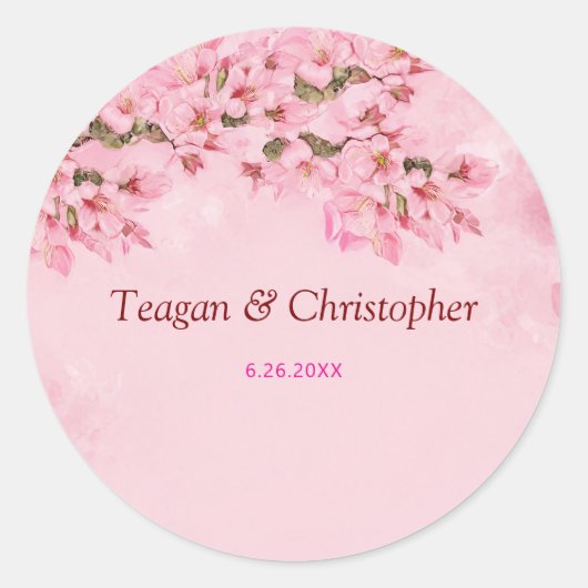 Roze Cherry Blossom Wedding Ronde Sticker (Voorkant)