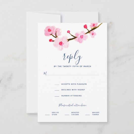 Roze Cherry Blossom Wedding RSVP Kaartje (Voorkant)