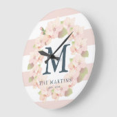 Roze Cherry Blossom Wreatpe Stripe Monogram Grote Klok (Hoek)