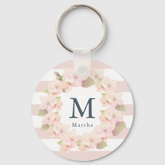 Roze Cherry Blossom Wreatpe Stripe Monogram Sleutelhanger (Voorkant)