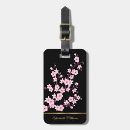 Roze Cherry Blossoms Floral Black  Lug Bagagelabel