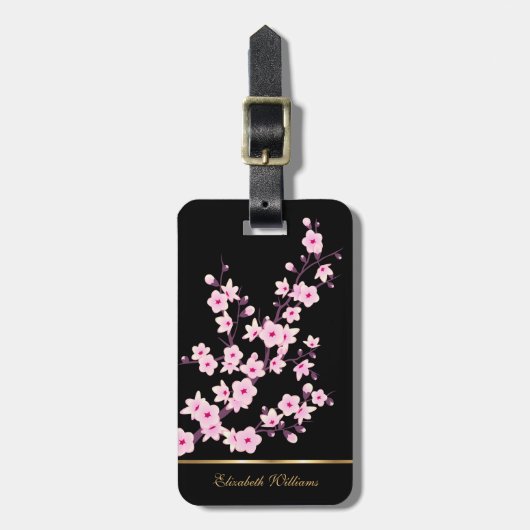 Roze Cherry Blossoms Floral Black  Lug Bagagelabel (Voorkant verticaal)