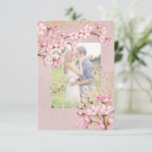 Roze Cherry Blossoms Gold Confetti Save The Date (Staand voorkant)