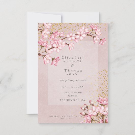 Roze Cherry Blossoms Gold Confetti Save The Date (Achterkant)