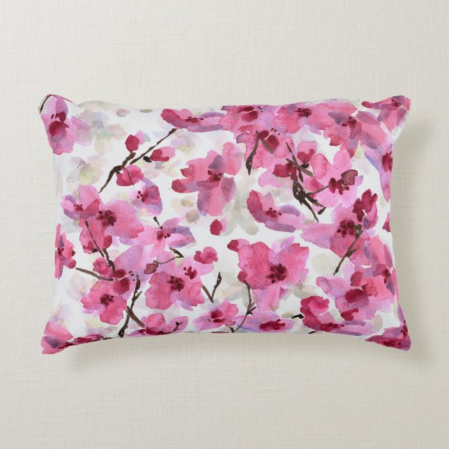 Roze Cherry Blossoms Waterverf Naadloos. Accent Kussen (Voorkant)