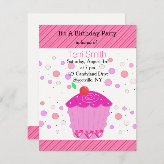 Roze Cherry Cupcake Birthday Uitnodiging (Voorkant / Achterkant)