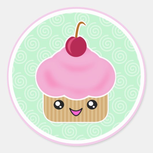 Roze Cherry Kawaii Cupcake Stickers (Voorkant)