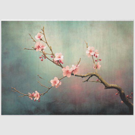 Roze CherryBlossom Tree Branch Turquoise Green Sky Tissuepapier (Voorkant)