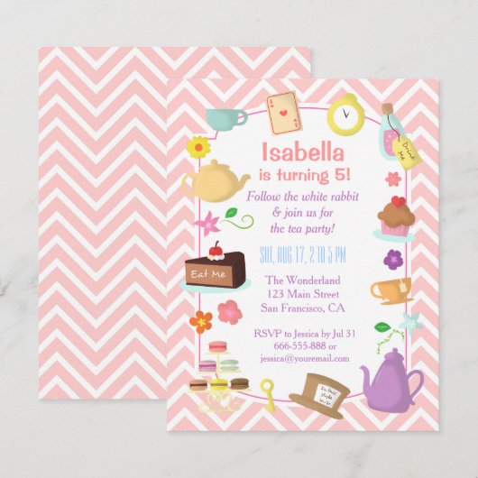 Roze Chevron Alice in Wonderland Tea Party Kaart (Voorkant / Achterkant)