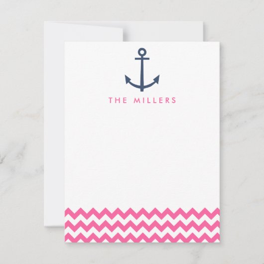 Roze Chevron Anker Monogram Stationery Uitnodigen Notitiekaartje (Voorkant)