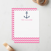 Roze Chevron Anker Monogram Stationery Uitnodigen Notitiekaartje (Voorkant / Achterkant in situ)