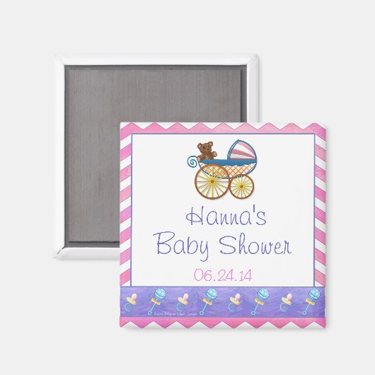 Roze Chevron Baby Pram Baby shower Favor Magnet (Voorkant / Achterkant)