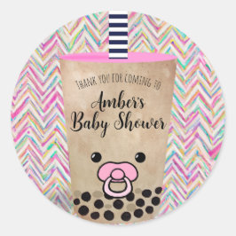 Roze Chevron Boba Tea Baby shower Dank u Ronde Sticker