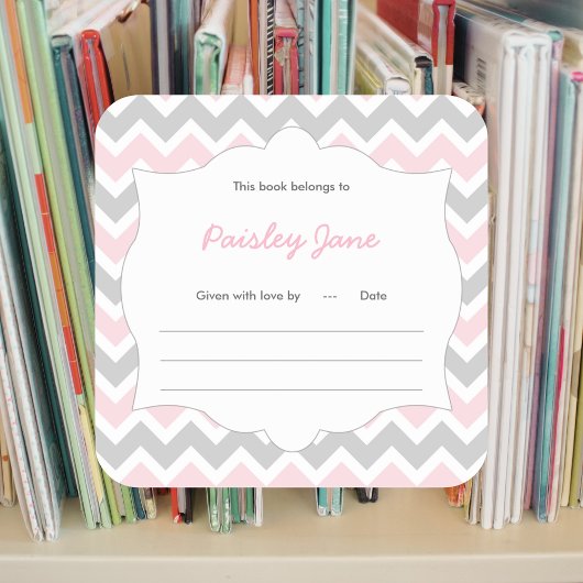Roze Chevron Boek baby shower Bookplate label