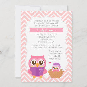 Roze Chevron Boek Thema Uil Baby Shower Feestje Kaart