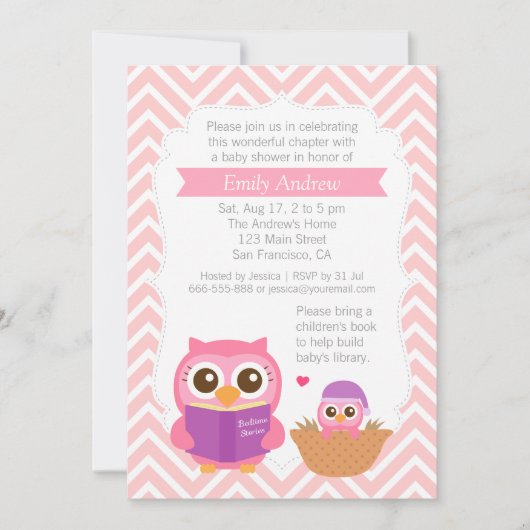Roze Chevron Book Thleed Owl Baby shower Party Kaart (Voorkant)