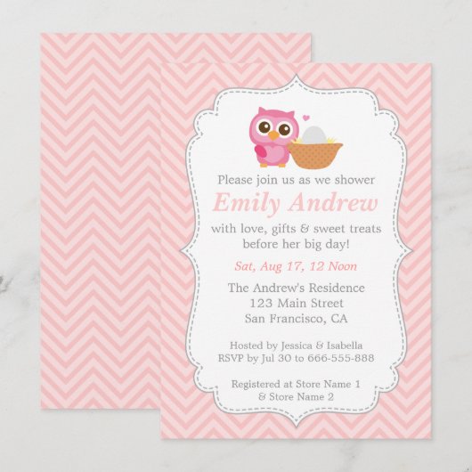 Roze Chevron, Cute Owl Baby shower Kaart (Voorkant / Achterkant)