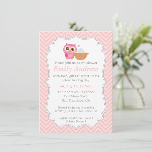 Roze Chevron, Cute Owl Baby shower Kaart (Staand voorkant)