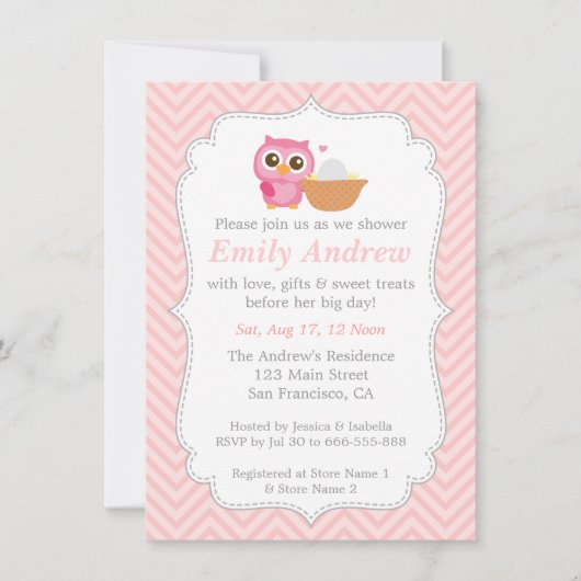 Roze Chevron, Cute Owl Baby shower Kaart (Voorkant)