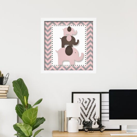 Roze Chevron Elephant Nursery Wall Art Poster (Thuiskantoor)