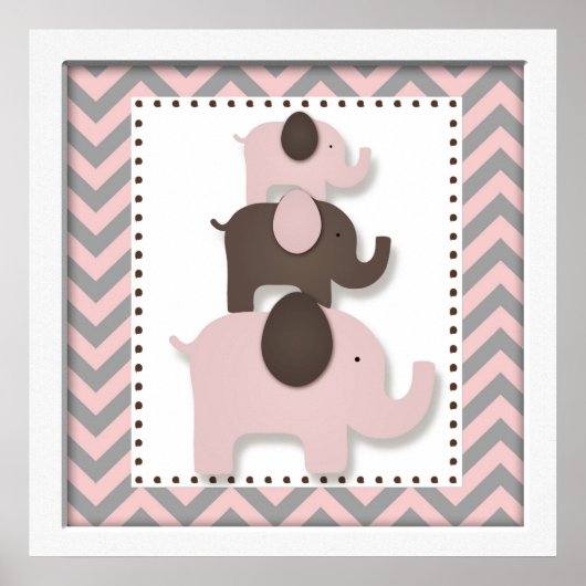 Roze Chevron Elephant Nursery Wall Art Poster (Voorkant)