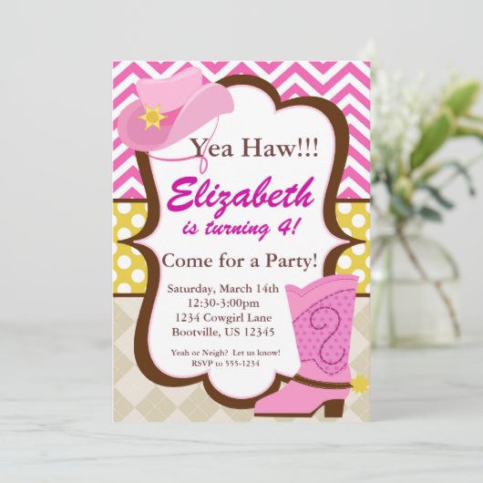 Roze Chevron en Cowgirl Boot Birthday Party Kaart (Staand voorkant)