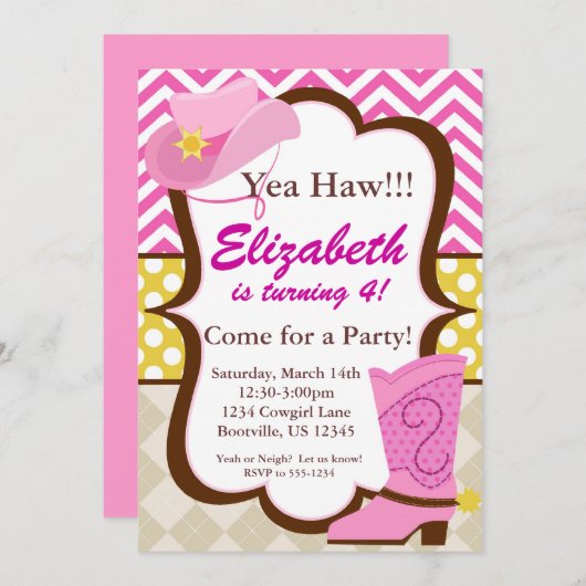 Roze Chevron en Cowgirl Boot Birthday Party Kaart (Voorkant / Achterkant)