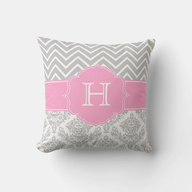 Roze Chevron en Damast Monogram Kussen (Voorkant)