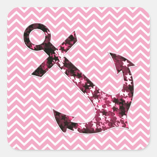 Roze Chevron en Sparkly Stars Anchor Vierkante Sticker