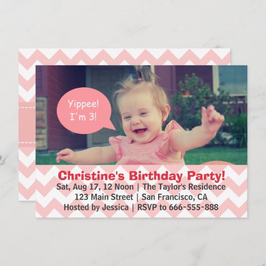 Roze Chevron Girl Birthday, Speech Bubble, Turns 3 Kaart (Voorkant / Achterkant)