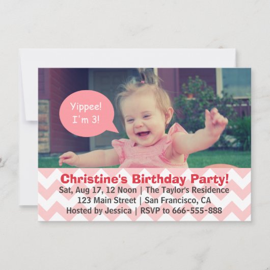 Roze Chevron Girl Birthday, Speech Bubble, Turns 3 Kaart (Voorkant)