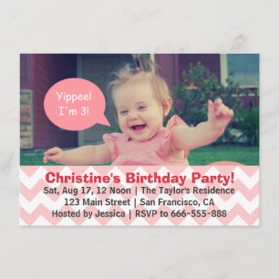 Roze Chevron Girl Birthday, Speech Bubble, Turns 3 Kaart