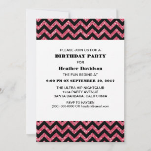 Roze Chevron Glitter Birthday Party Invite Kaart