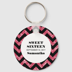 Roze Chevron Glitter Sweet 16 Sleutelhanger