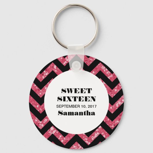 Roze Chevron Glitter Sweet 16 Sleutelhanger (Voorkant)