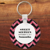 Roze Chevron Glitter Sweet 16 Sleutelhanger (Voorkant)