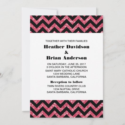 Roze Chevron Glitter Wedding Invite Kaart (Voorkant)
