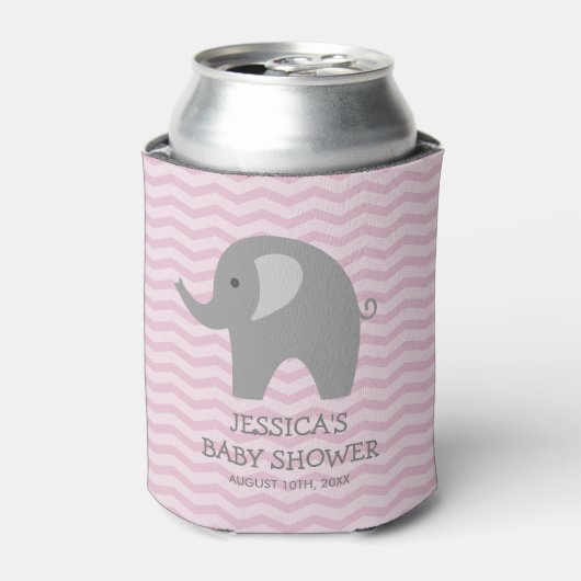 Roze chevron grijs olifant baby shower koelbox blikjeskoeler (Blikje Voorkant)