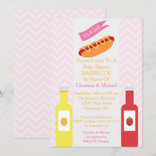 Roze Chevron Hotdog BBQ Baby shower Uitnodiging (Voorkant / Achterkant)