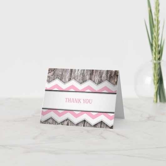 Roze Chevron & Hout Rustiek Bedankt Kaarten (Voorkant)