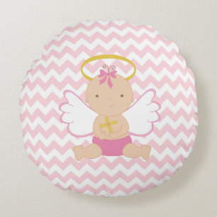 Roze Chevron met Baby Angel Rond Kussen