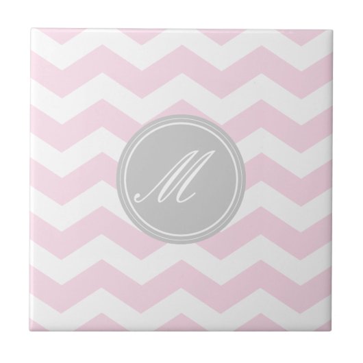 Roze Chevron met Monogram Tiles Tegeltje (Voorkant)