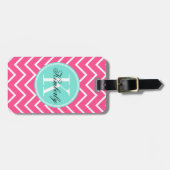 Roze Chevron met Turquoise Monogram Bagagelabel (Voorkant horizontaal)