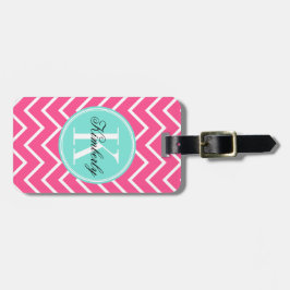 Roze Chevron met Turquoise Monogram Bagagelabel