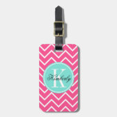 Roze Chevron met Turquoise Monogram Bagagelabel (Voorkant verticaal)