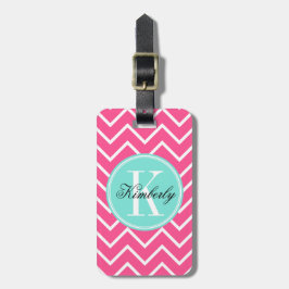 Roze Chevron met Turquoise Monogram Bagagelabel