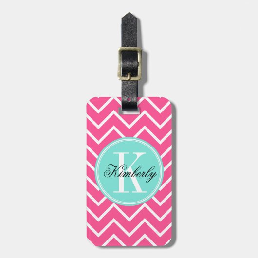 Roze Chevron met Turquoise Monogram Bagagelabel (Voorkant verticaal)